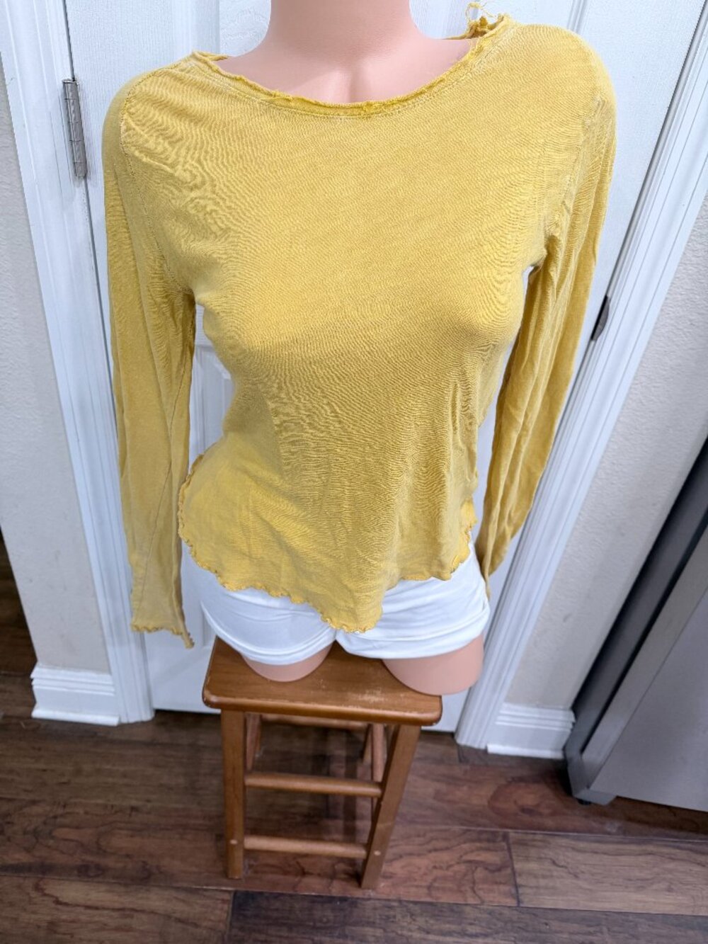 We The Free Free People M Mustard Distressed Long Sleeve Cotton Top